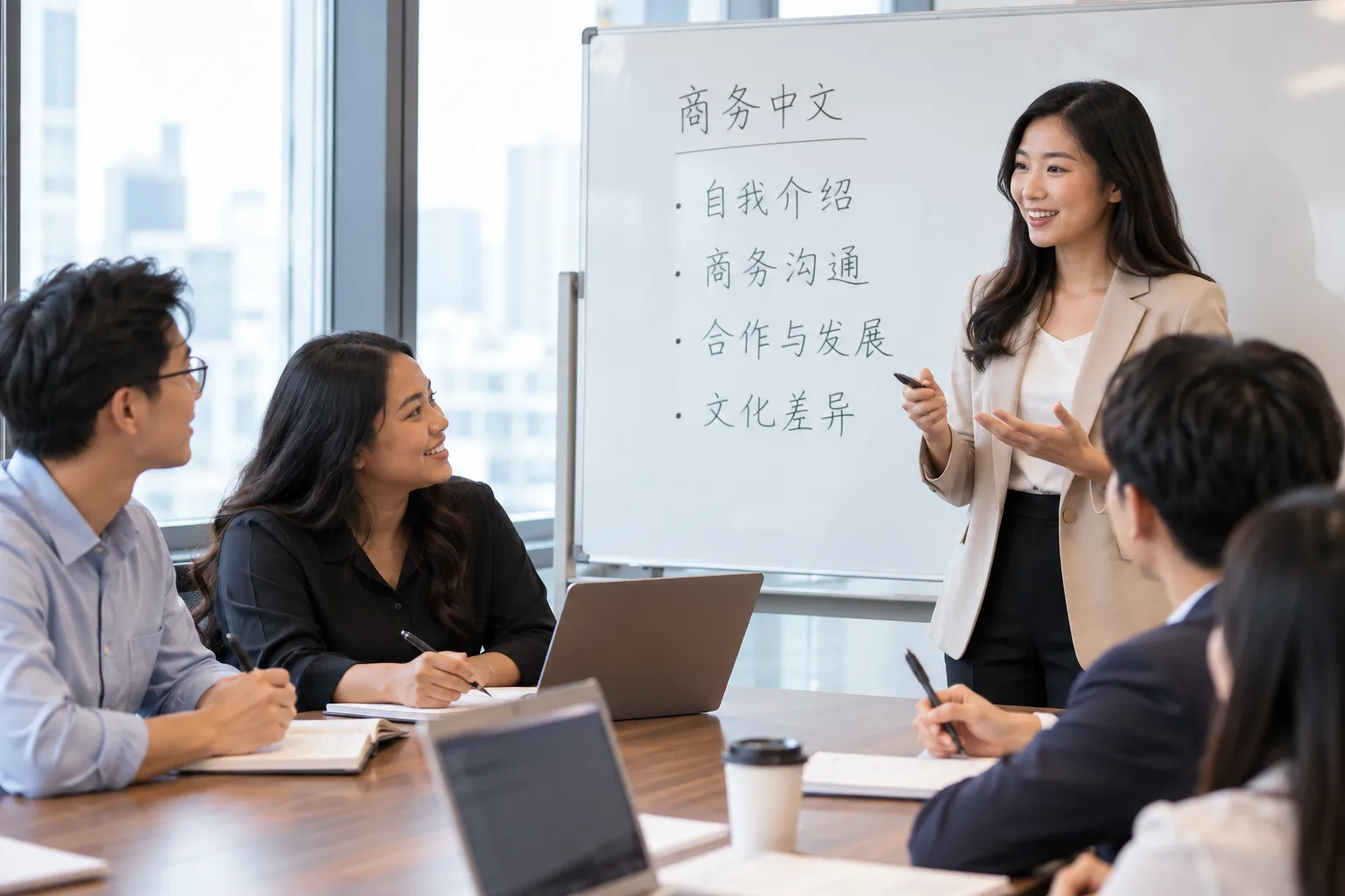 Ilustrasi sesi pelatihan Mandarin bisnis bersama tim perusahaan